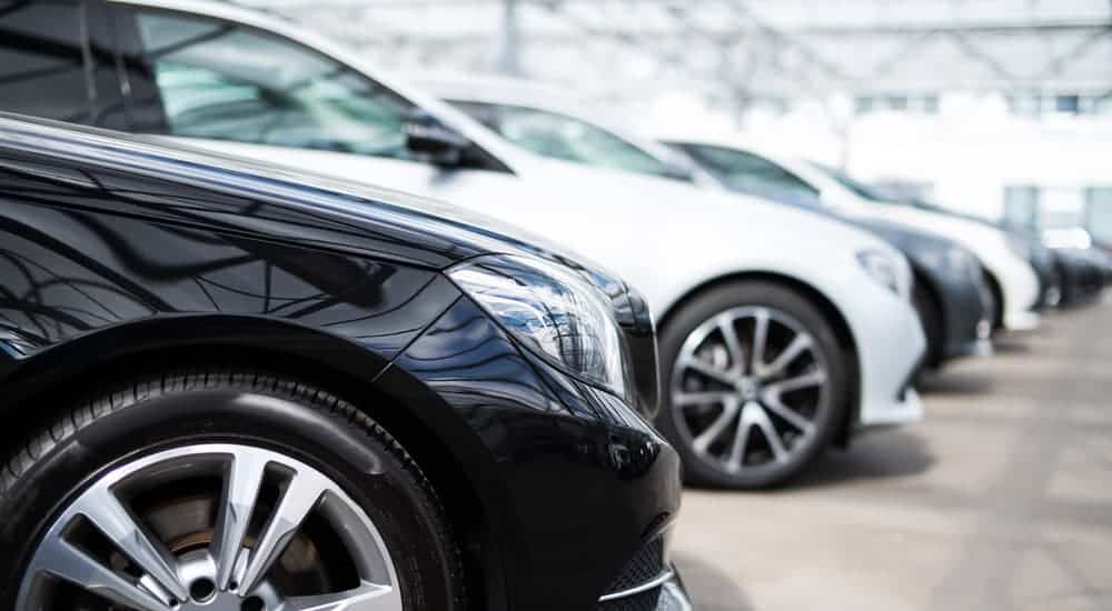 Used vehicles for sale are parked in a row in a bright dealership.