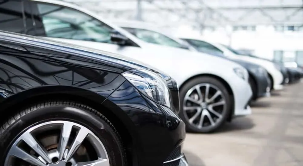 Used vehicles for sale are parked in a row in a bright dealership.