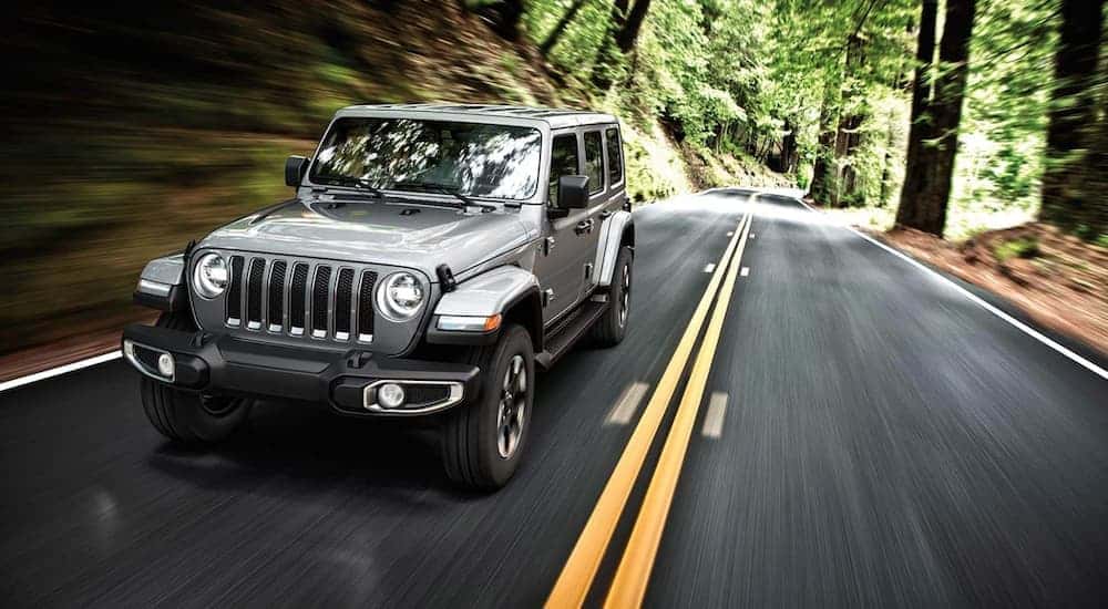 A 2019 used Jeep Wrangler is driving on a tree-lined road.