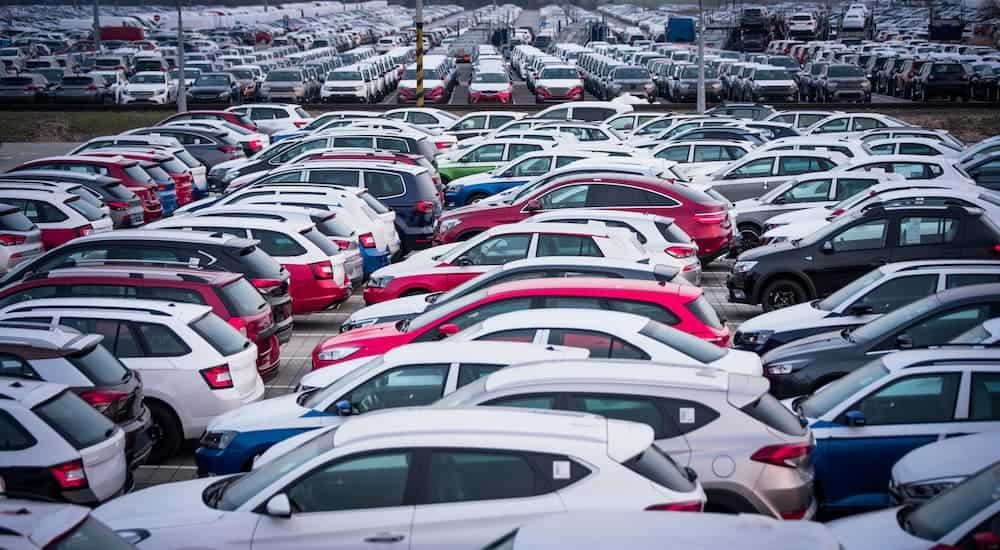 A high view is showing a large inventory of cars.