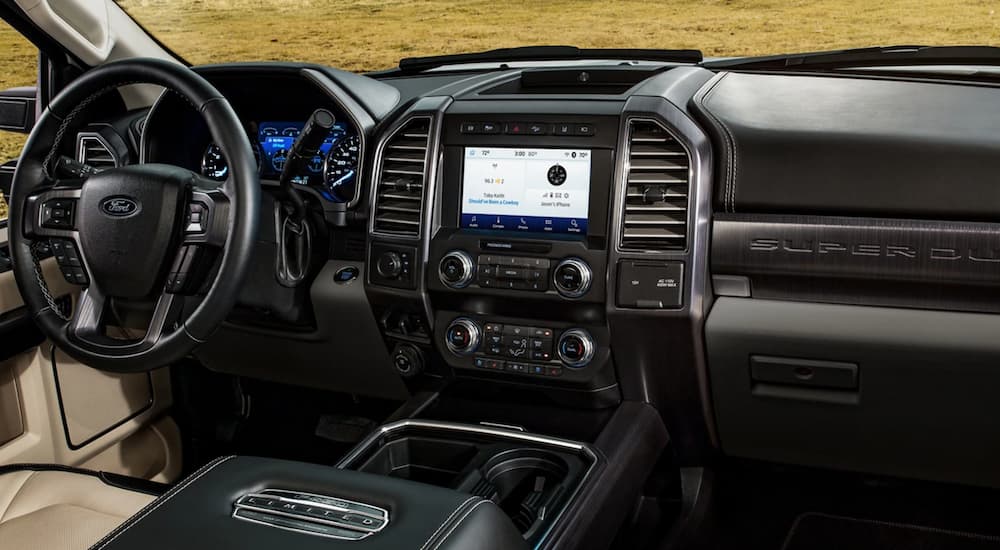 The dashboard and screen in a 2021 Ford F-250 are shown.