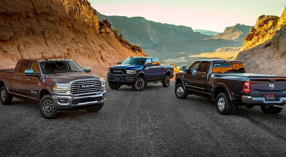 A brown, a blue, and a black 2019 used Ram 2500 are parked on a mountain road in the desert.