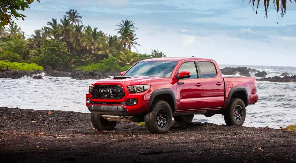 A red 2017 used Toyota Tacoma is parked in front of the ocean.