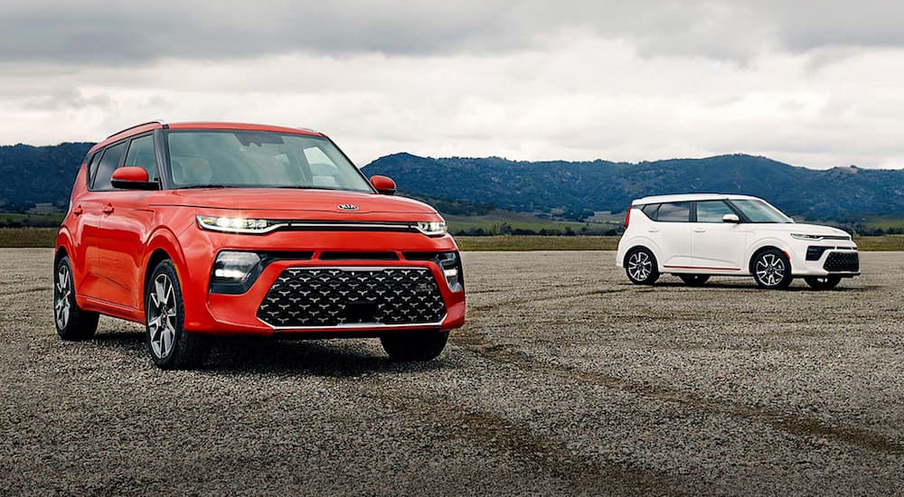 A red and a white 2021 Kia Soul are parked in a lot in front of mountains.