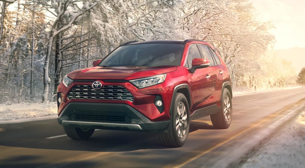 A red 2019 Toyota RAV4 is driving on a road lined with snow and snow covered trees.