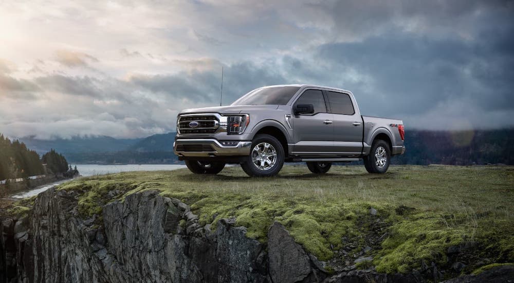 A gray 2021 Ford F-150 is parked on a grassy mountain.