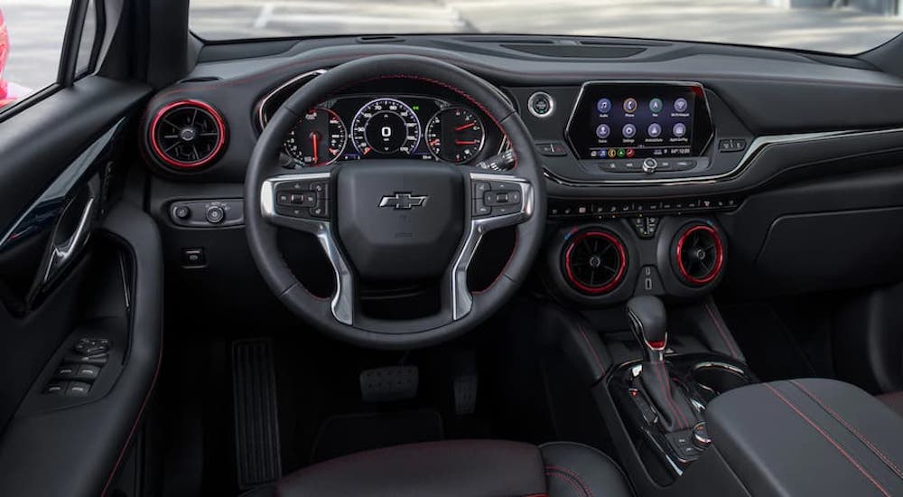 The wheel and screen in a 2021 Chevy Blazer are shown.