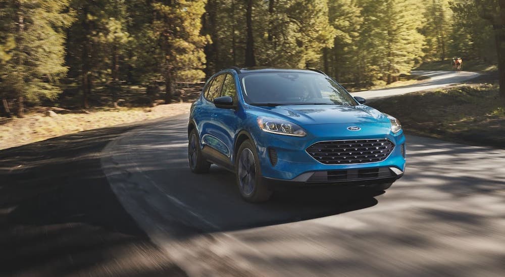 A blue 2021 Ford Escape is driving on a winding road in the woods.