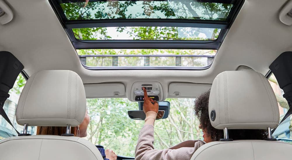 A close up shows the moonroof from a low angle in a 2021 Buick Encore GX.