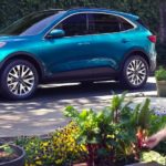 A blue 2021 Ford Escape is shown from the side next to a man looking at plants.
