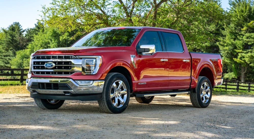 A red 2021 Ford F-150 is parked in front of a fence and trees after leaving a Ford dealer.