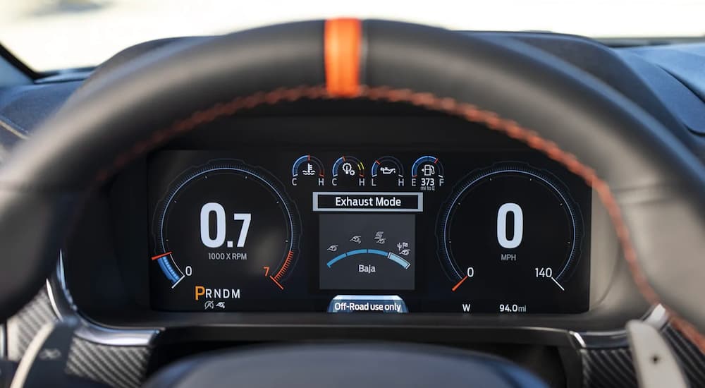 A close up shows the gauge cluster in a 2022 Ford F-150 Raptor.