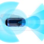 A blue SUV, from a Ford dealership, is shown from an aerial angle with front and rear simulated sensor lines.