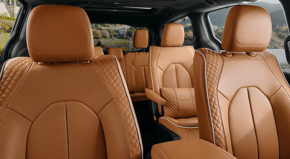 The tan interior in a 2021 Chrysler Pacifica Pinnacle is shown.