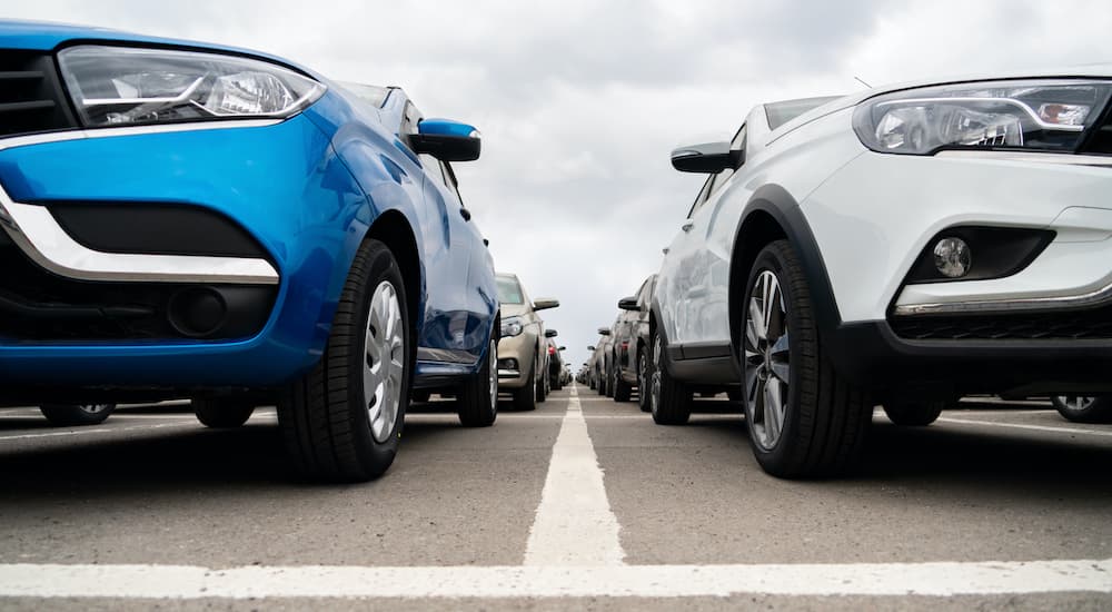 Two rows of used cars are shown from a low angle.