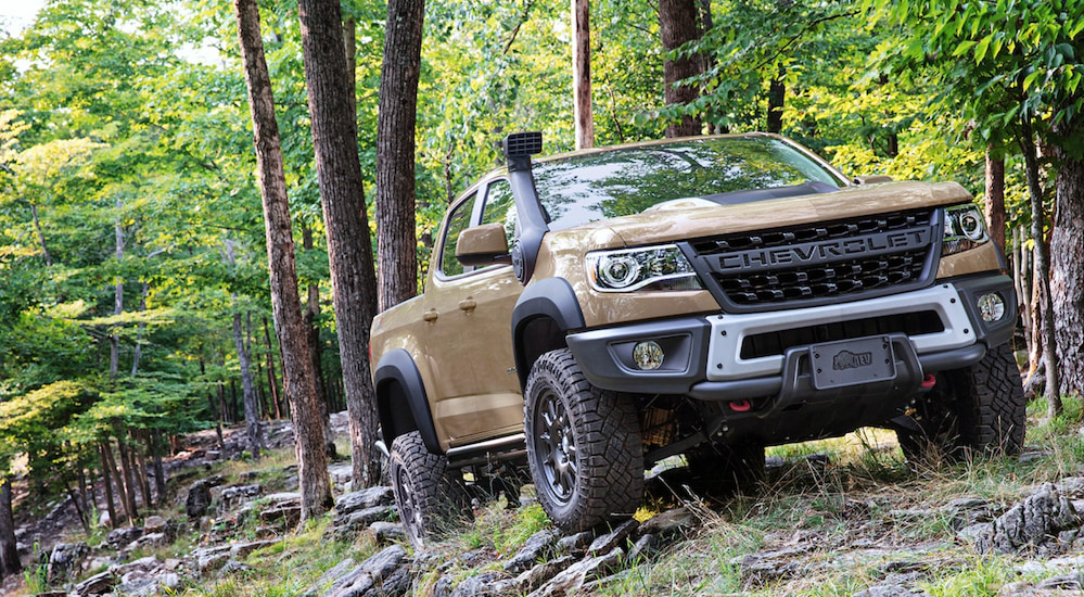 A light brown 2021 Chevy Colorado ZR2 is driving in the forest.