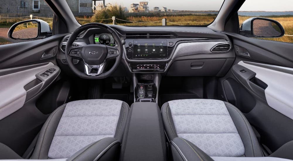 The gray and black interior of a 2022 Chevy Bolt EUV is shown.