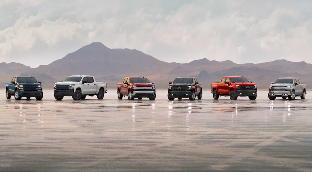 A row of certified pre-owned Silverado trucks are parked on a landing strip in front of mountains.