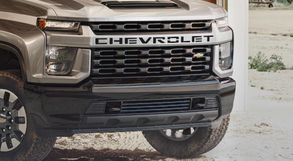 A 2021 Chevy Silverado 3500HD shows a close up of the Grill.
