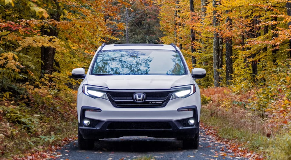 a white Honda 2021 Pilot is shown from the front parked in the woods.