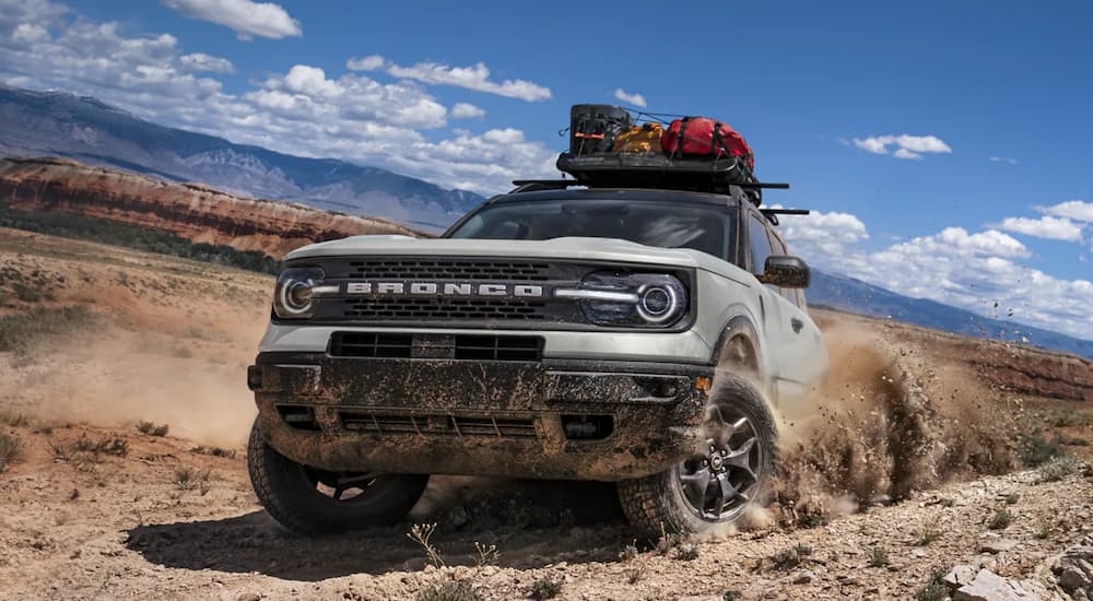 A grey 2021 Ford Bronco Sport is off roading in the desert 