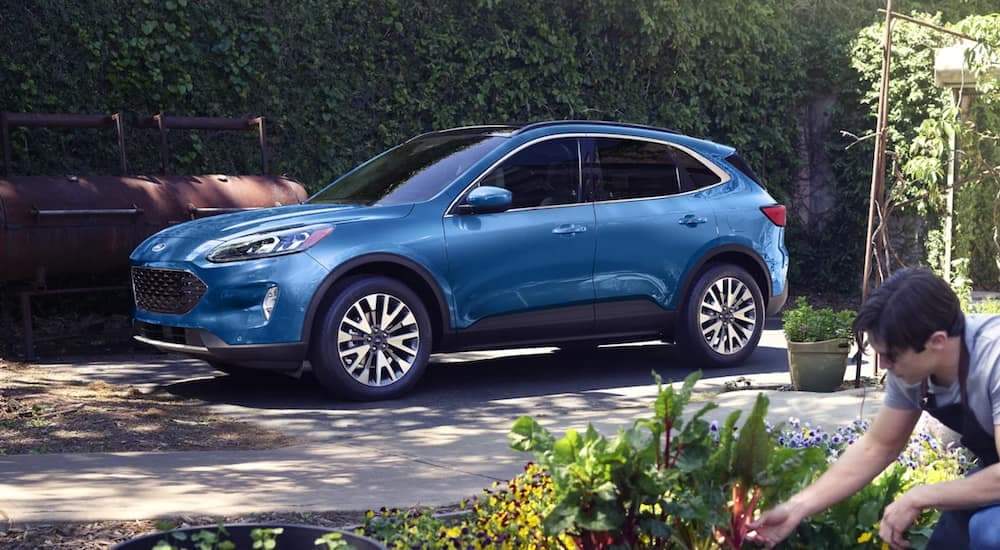 A blue 2021 Ford Escape Titanium is parked in a garden after leaving a Ford Escape dealership.