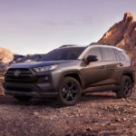 A grey 2021 Toyota RAV4 is parked in the mountains after leaving the Toyota RAV4 Dealer.