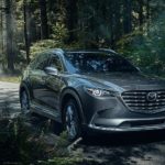 A grey 2021 Mazda CX-9 is shown parked on a wooded road.
