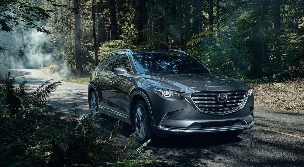 A grey 2021 Mazda CX-9 is shown parked on a wooded road.