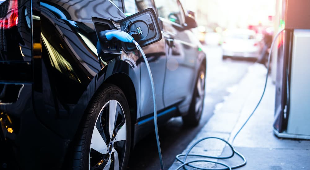 A black electric car is charging while the driver catches up on the current auto news.