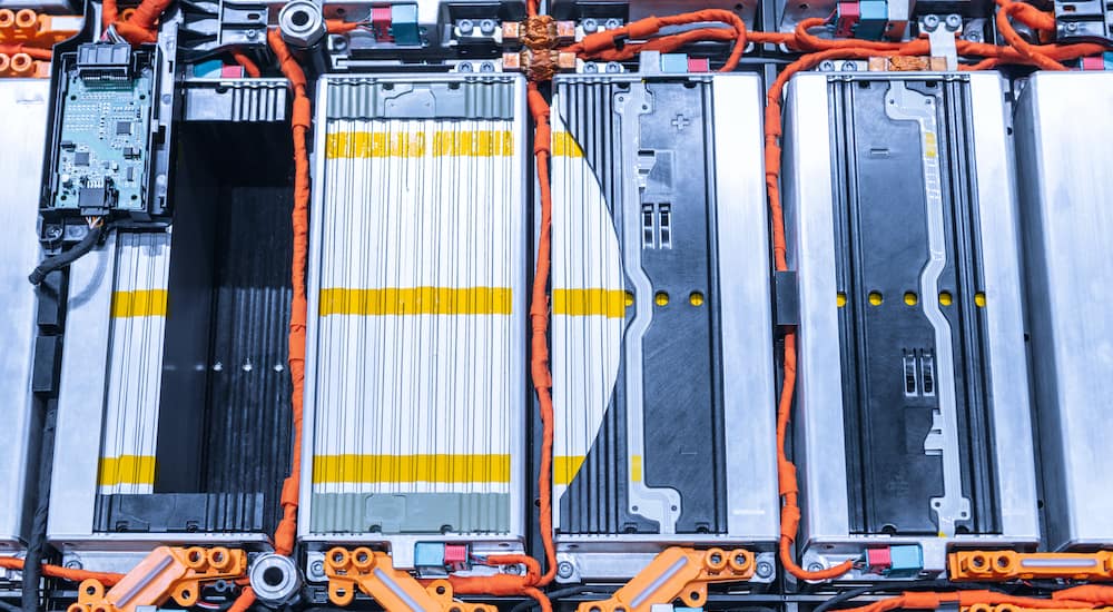 An Electric car lithium battery pack is shown from above.