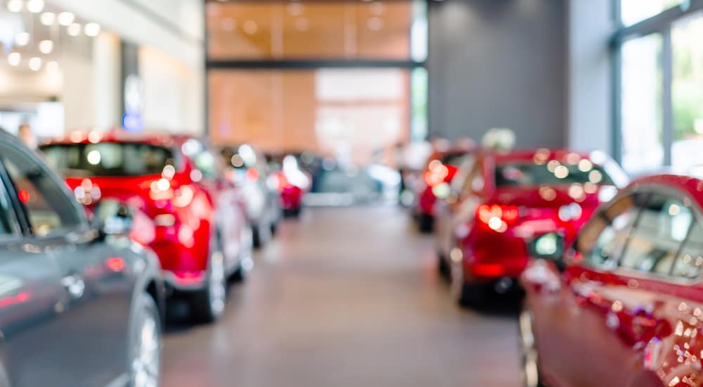 A blurred image of a car showroom shows multiple red cars.