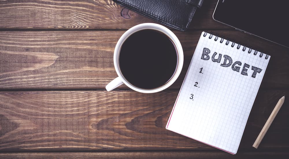 A close up shows a table with a cup of coffee and pad that says budget.