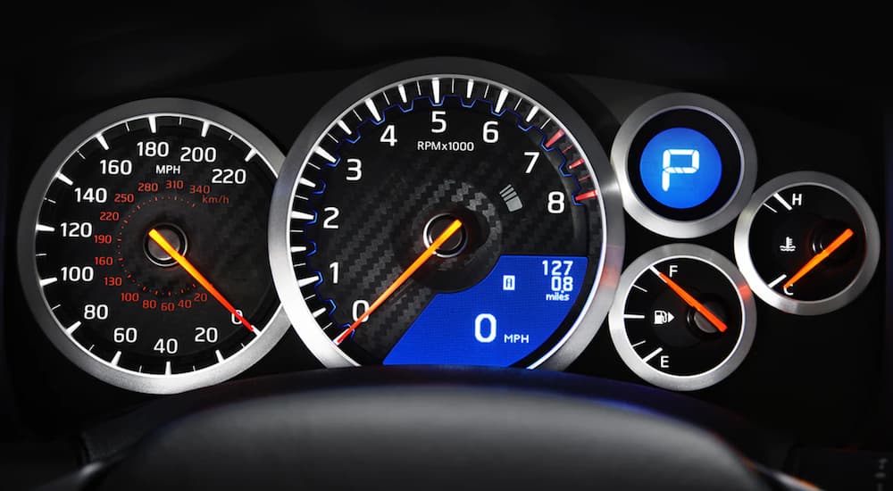 A close up shows the gauges of a 2021 Nissan GT-R NISMO.