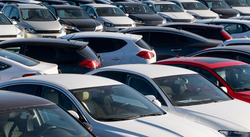 A used car lot is shown at a used car dealership.