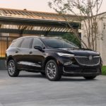 A black 2022 Buick Enclave is shown parked in front of a modern house.