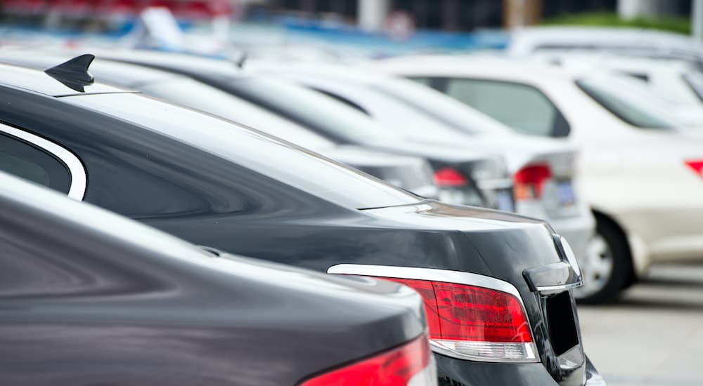 A row of used cars are shown parked on a lot.