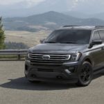 A grey 2021 Ford Expedition is shown from the front parked in front of a mountain.