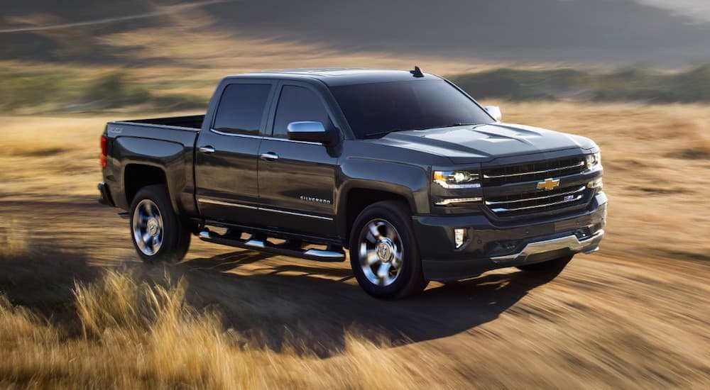 A black 2018 Chevy Silverado 1500 is shown driving through a grass field after looking at a used Chevy truck.