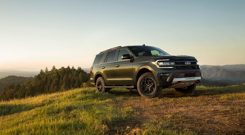 A grey 2022 Ford Expedition Timberline is shown parked in a green grassy field.
