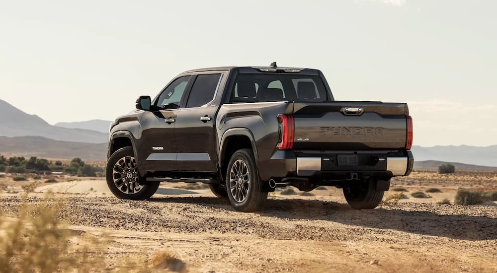 A black 2022 Toyota Tundra Limited CrewMax is shown from a rear angle parked on a dirt road.