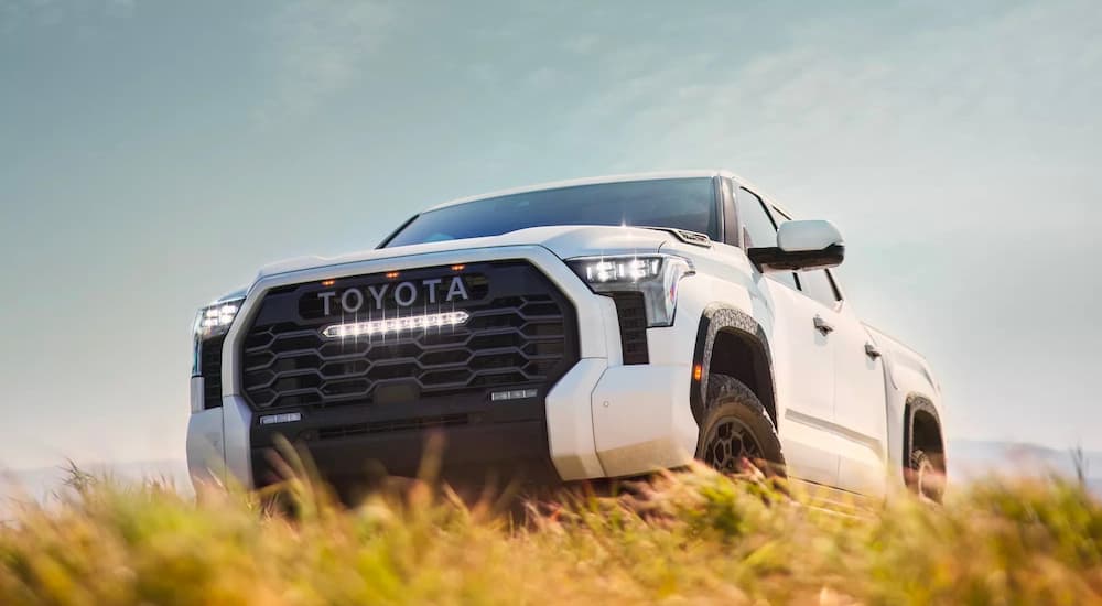 A white 2022 Toyota Tundra Pro is shown parked in a dry grassy field.