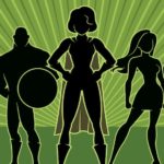 A row of silhouetted superhero's is shown against a green background.