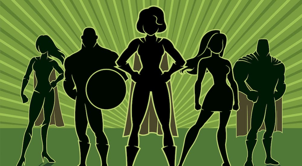 A row of silhouetted superhero's is shown against a green background.
