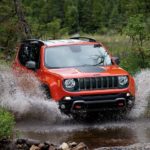 An orange 2019 Jeep Renegade is shown off-roading through a stream.