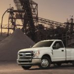 A white 2022 F-350 Super Duty is shown parked at a rock quarry.