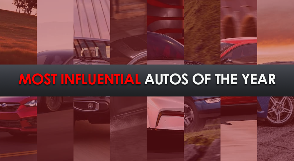 A red banner with cars in the background says 'Most Influential Autos of the Year.'
