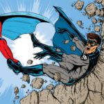 A superhero and villain are shown battling near a cliff.