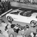 A white Corvette is shown during the 1953 Chevy Motorama show.