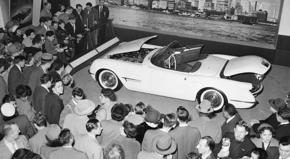 A white Corvette is shown during the 1953 Chevy Motorama show.